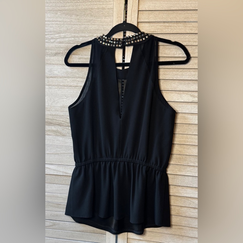 2B Bebe Black Peplum Halter Blouse W/Studded Neckline. Great Condition. Medium - Picture 2 of 8